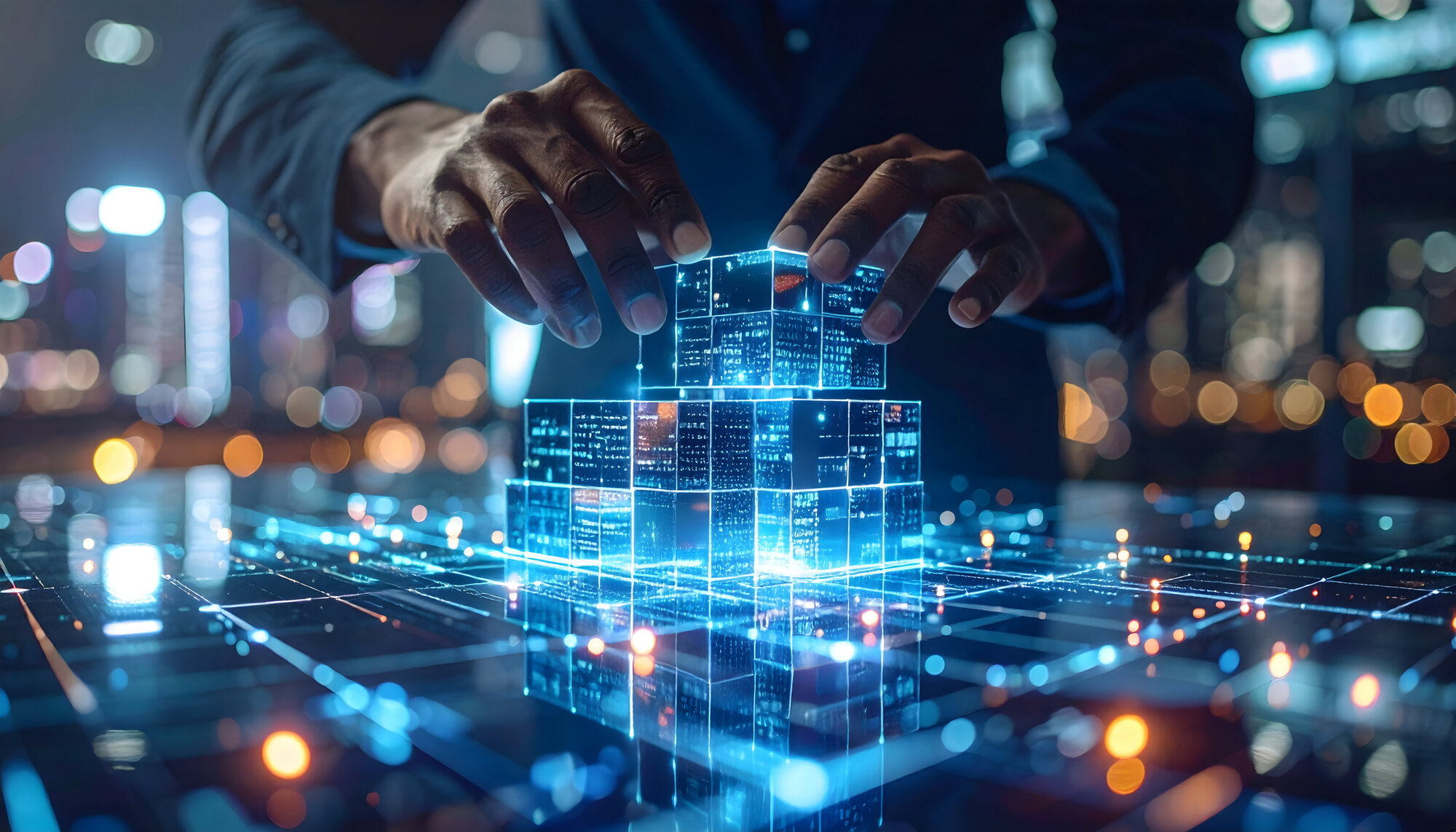 Expert hands manipulate glowing data cubes, illustrating complex digital systems and technological advancement.