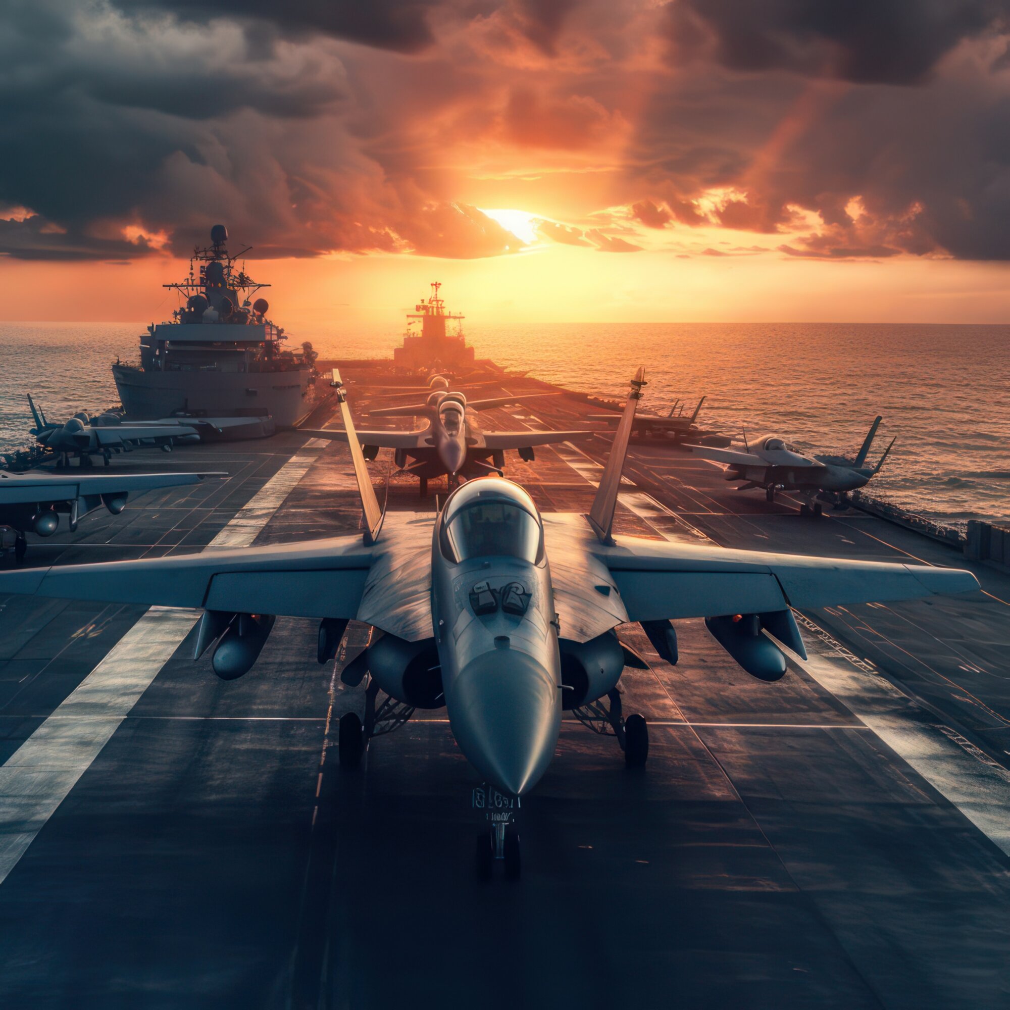 Fighter jets starting from an aircraft carrier at sea on sunset created with Generative AI