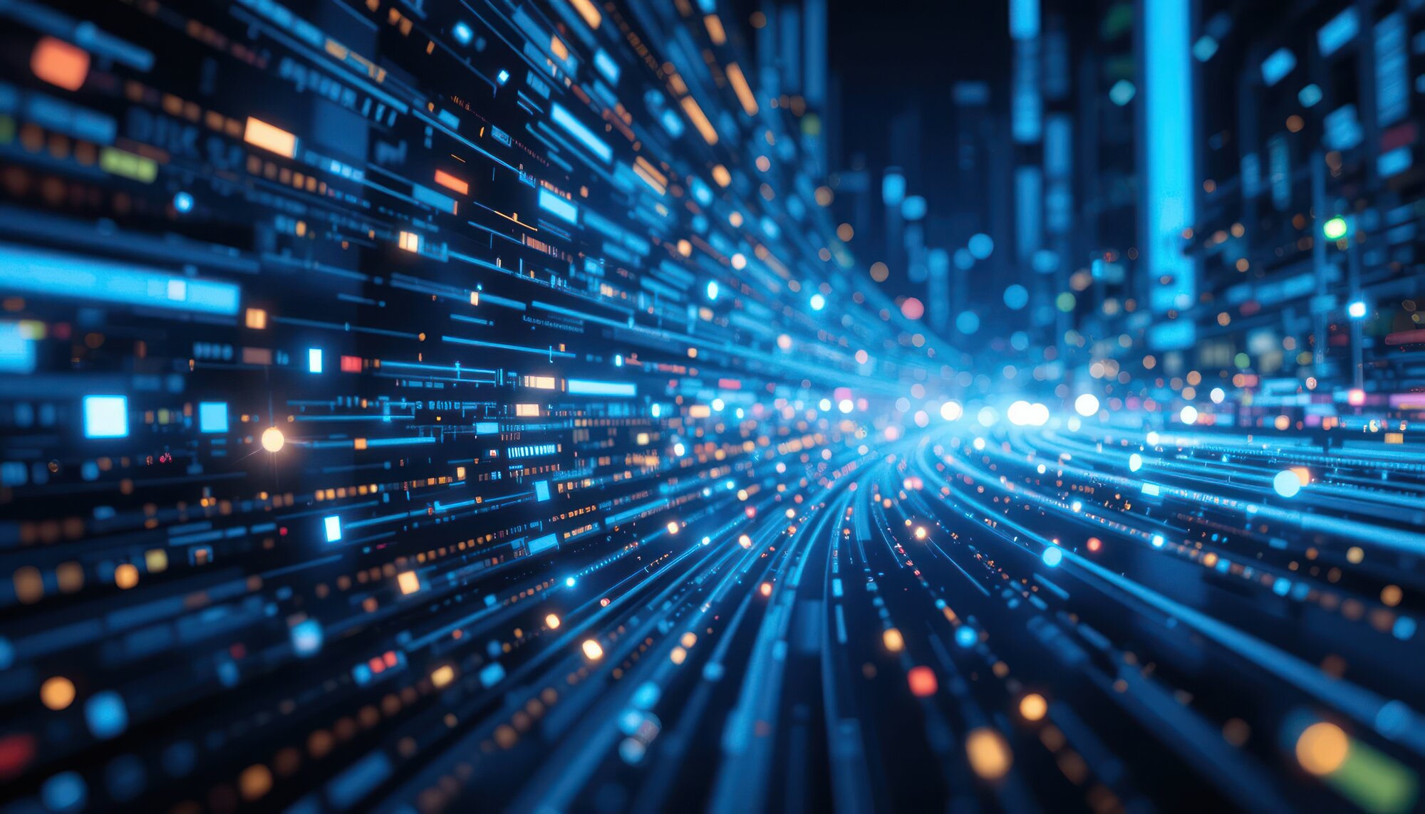 Futuristic data stream highway through city at night, digital technology concept