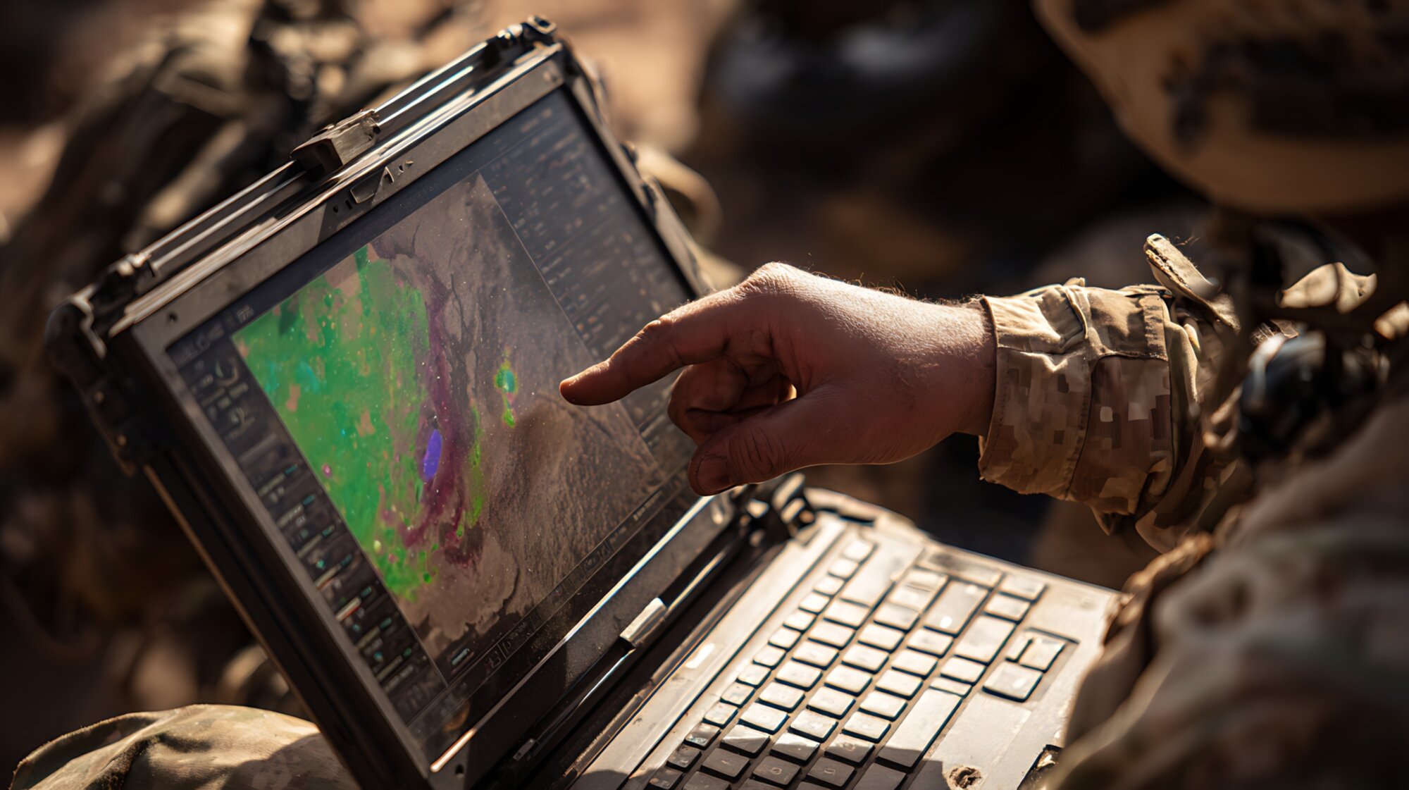 A person’s hand pointing at a map displayed on a rugged laptop computer.
